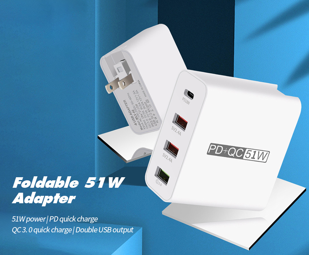 A6 USB Multi-port Plug Adaptor Mobile Phone Charger PD18W QC3.0 Total Power 51W Fast Charge Charging Head - White UK Plug