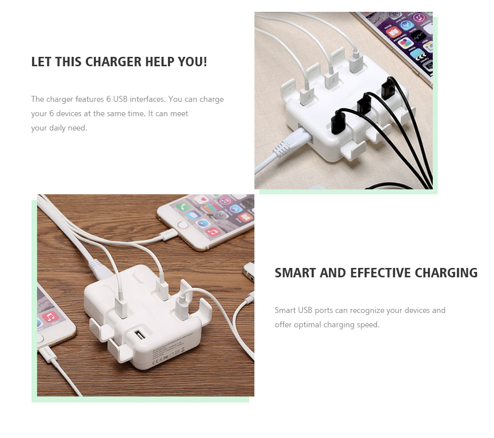 6 Ports USB Charger Smart Multi-port Fast Charging Head - Milk White US Plug (2-pin)