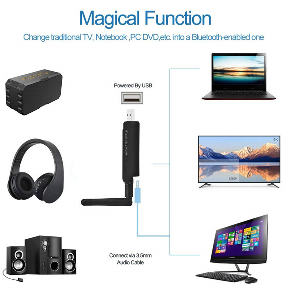 B5 Wireless Audio Transmitter Bluetooth 4.1 Adapter Music Transmitter for TV PC- Black