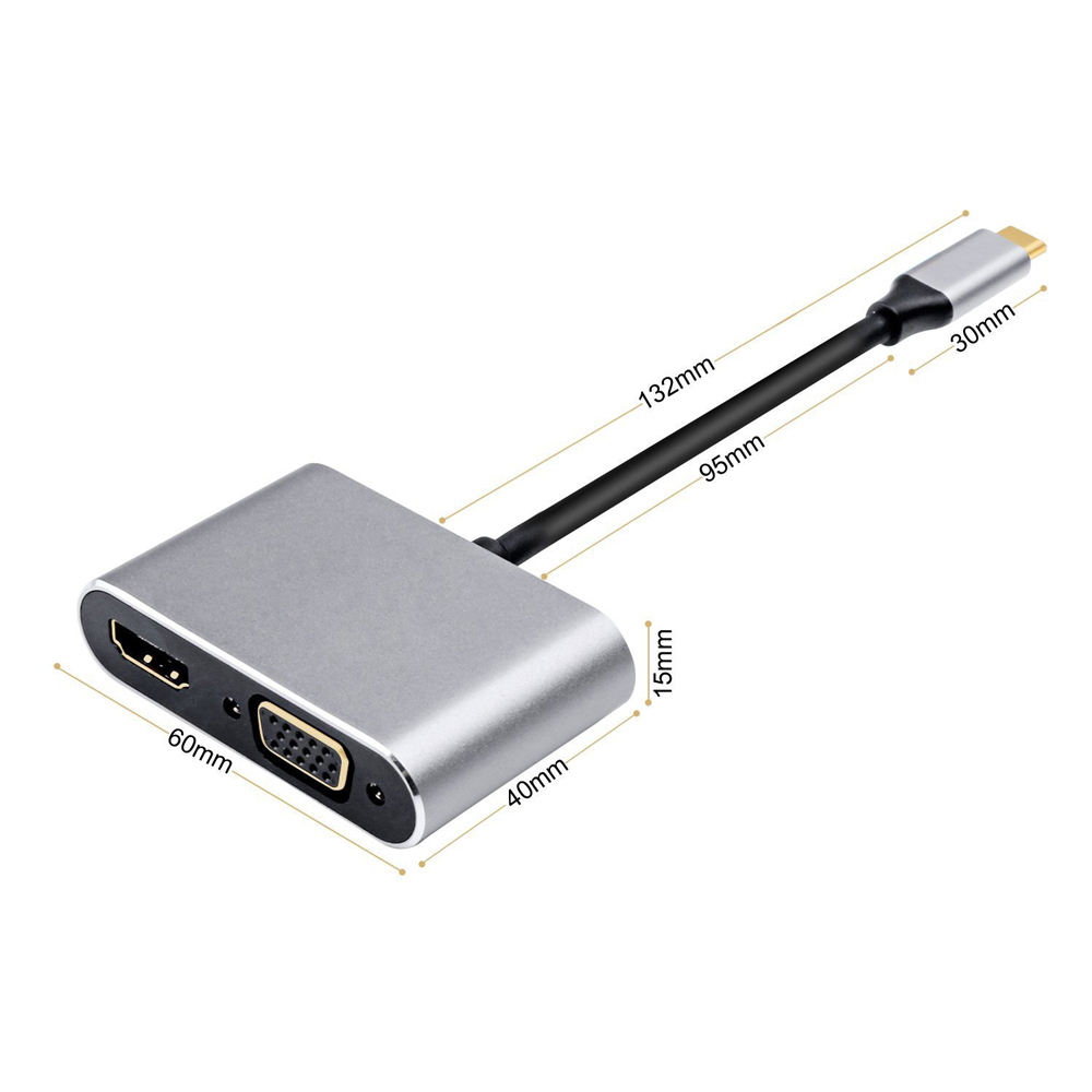 USB 3.1 Type-C to 4K HDMI + VGA Converter Adapter Support Dual-Screen Display- Gray