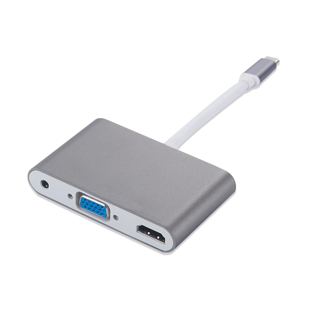 USB3.1 Type C to 4K HDMI + VGA + 3.5mm Audio Adapter for MacBook, ChromeBook- Gray