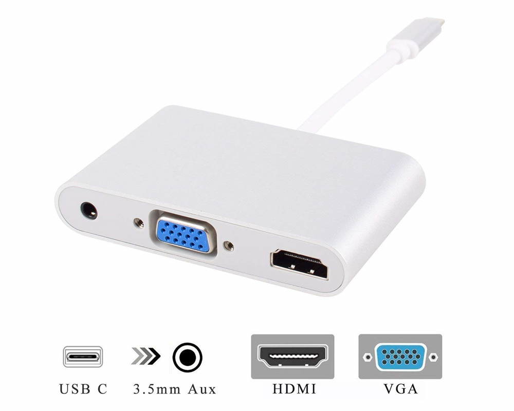 USB3.1 Type C to 4K HDMI + VGA + 3.5mm Audio Adapter for MacBook, ChromeBook- Gray