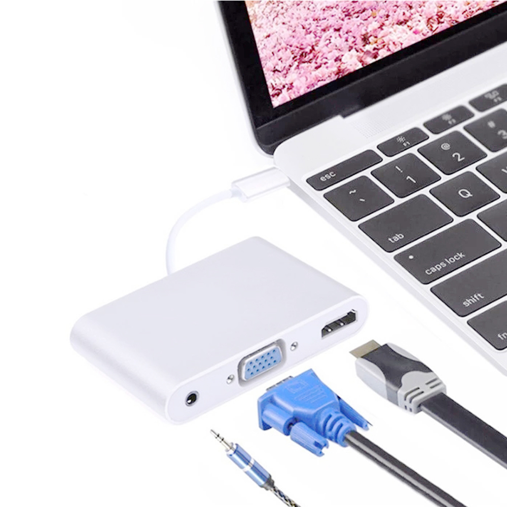 USB3.1 Type C to 4K HDMI + VGA + 3.5mm Audio Adapter for MacBook, ChromeBook- Gray