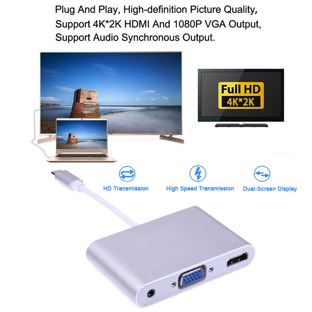 USB3.1 Type C to 4K HDMI + VGA + 3.5mm Audio Adapter for MacBook, ChromeBook- Gray