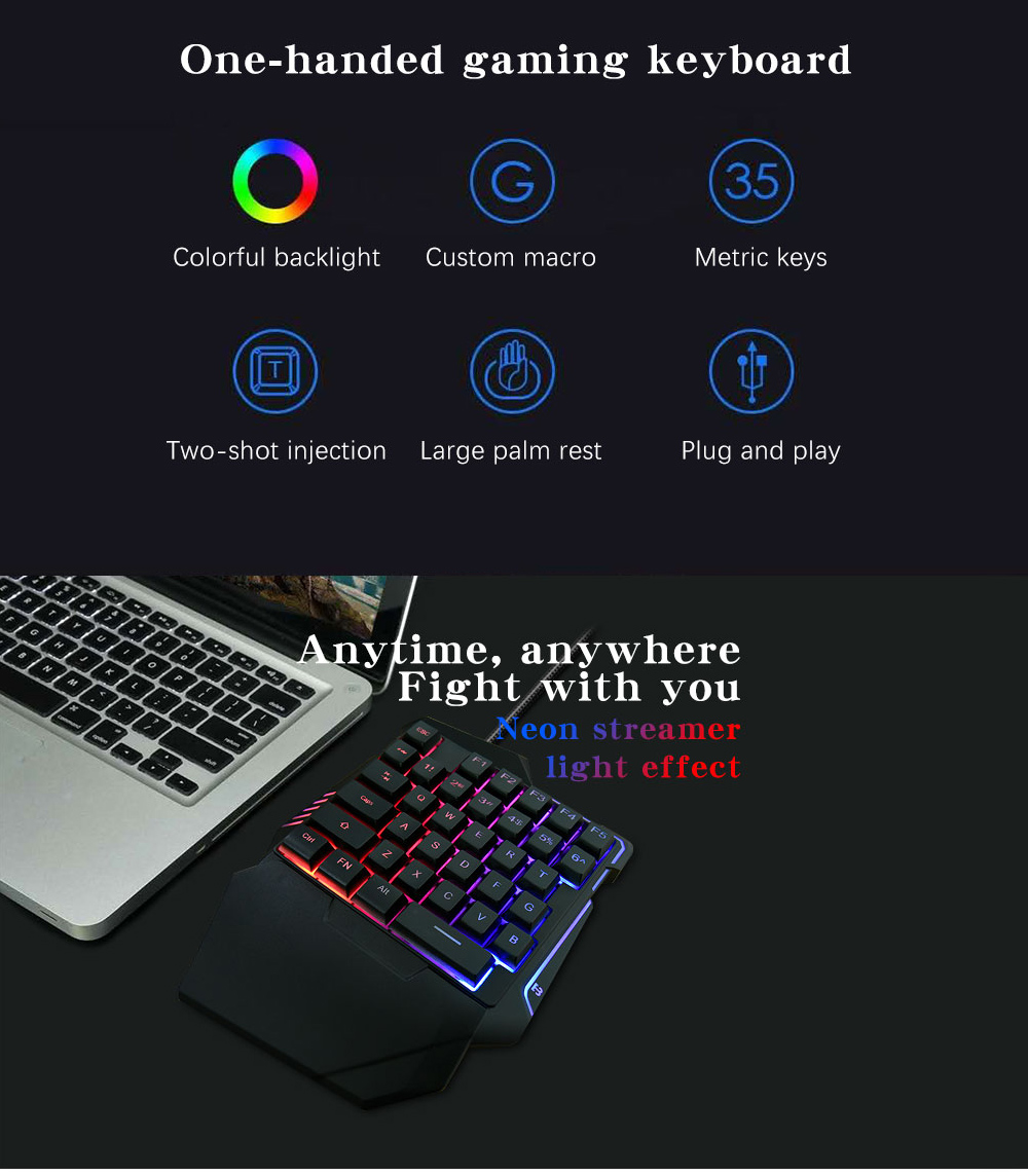 G7 One Handed Gaming Keyboard Mobile Game Color Backlit Player Mechanical Sensation Keypad - Black