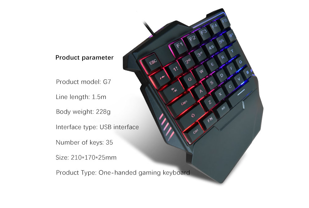 G7 One Handed Gaming Keyboard Mobile Game Color Backlit Player Mechanical Sensation Keypad - Black