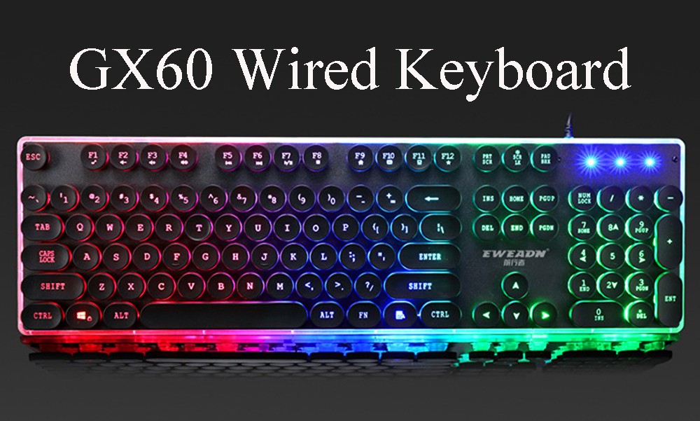 GX60 Punk Monochromatic Backlight Retro Wired Gaming Keyboard with USB 2.0 Interface 104 Keys - Black