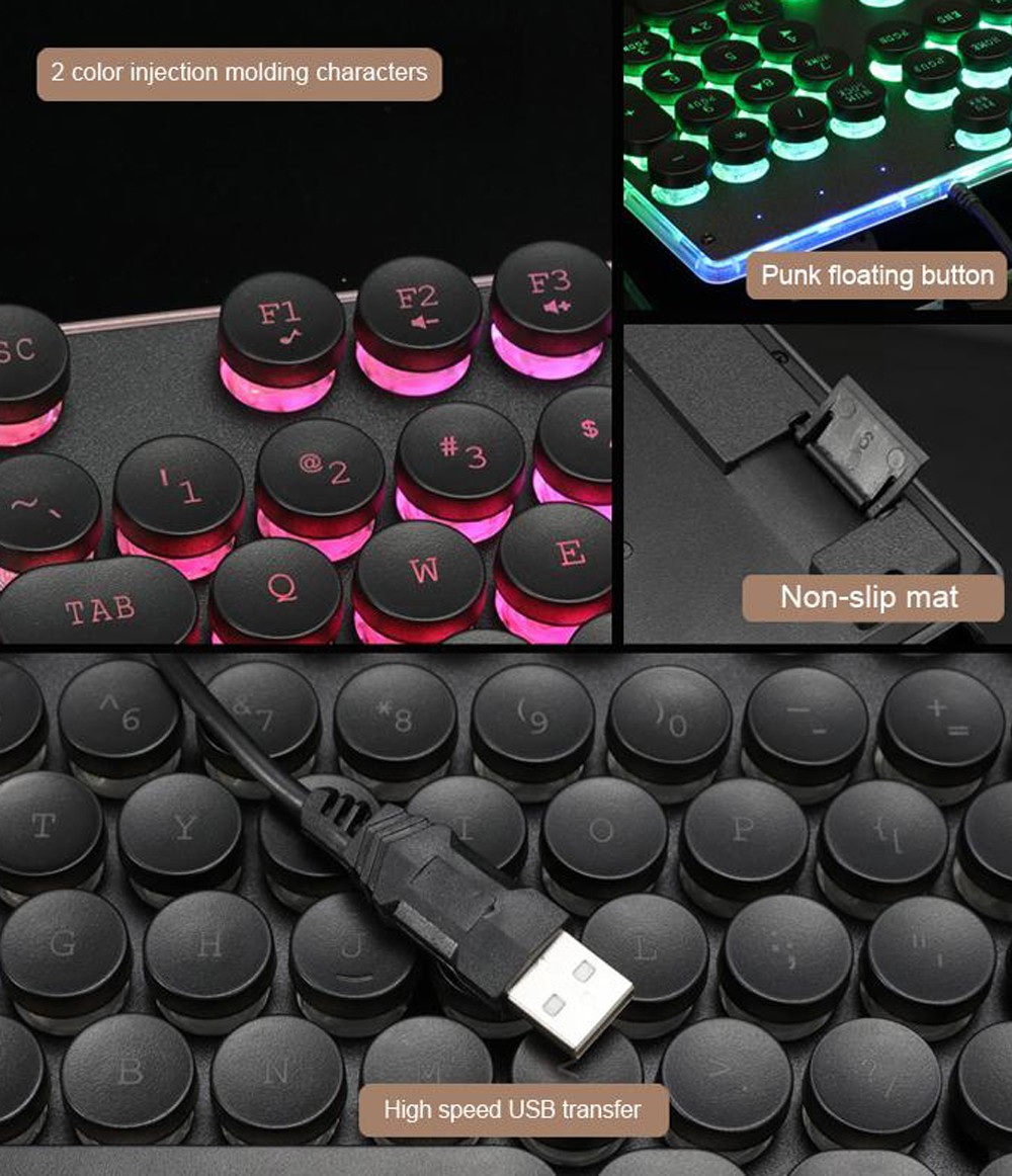 GX60 Punk Monochromatic Backlight Retro Wired Gaming Keyboard with USB 2.0 Interface 104 Keys - Black