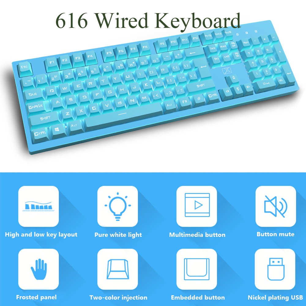 616 Wired Keyboard Mechanical Feel PBT Keycaps for Computer Desktop Gaming - Light Sky Blue