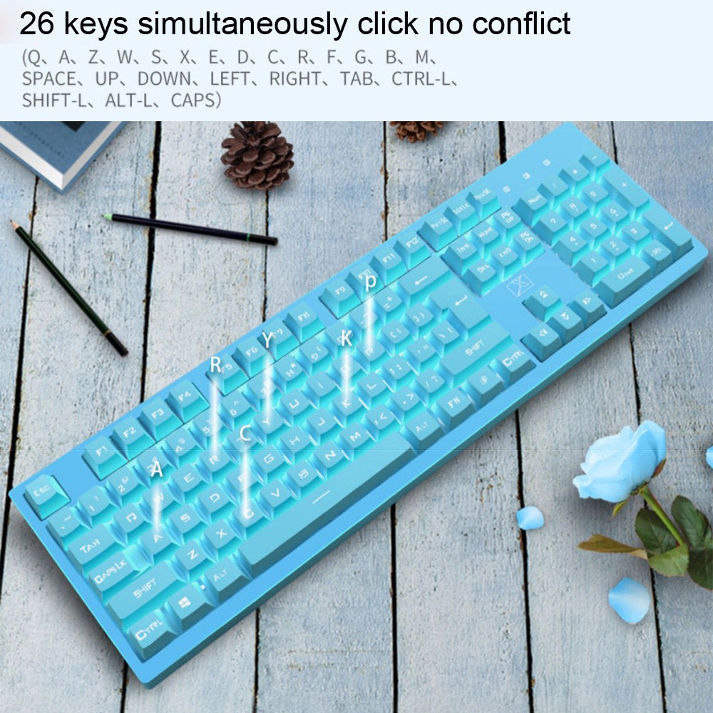 616 Wired Keyboard Mechanical Feel PBT Keycaps for Computer Desktop Gaming - Light Sky Blue