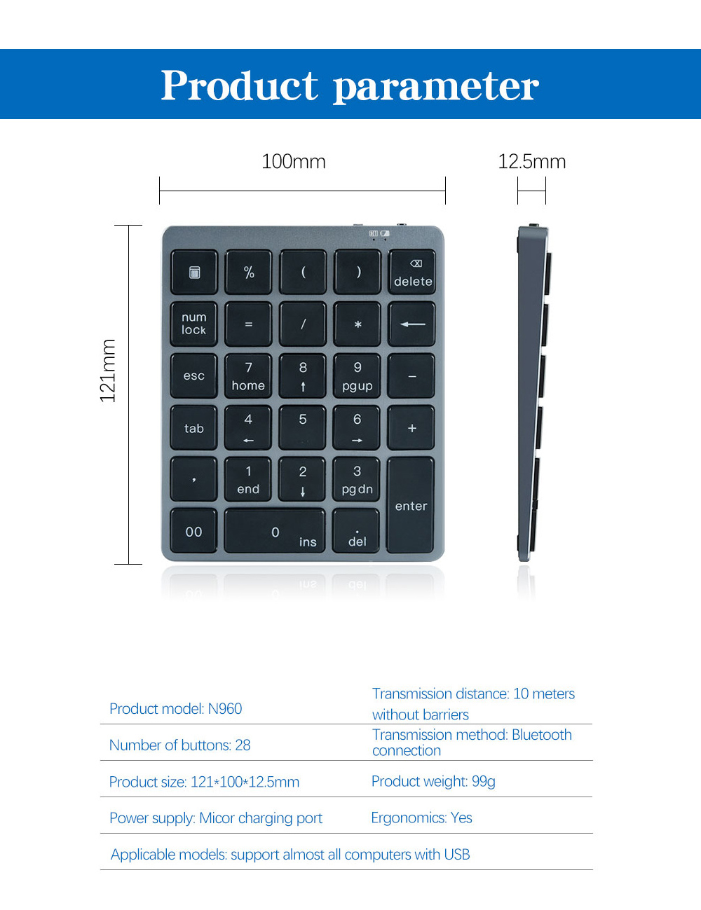 N960 Wireless 28-key Numeric Keypad Office Aluminum Bluetooth Wireless Charging Numeric Keypad Slim Mini - White